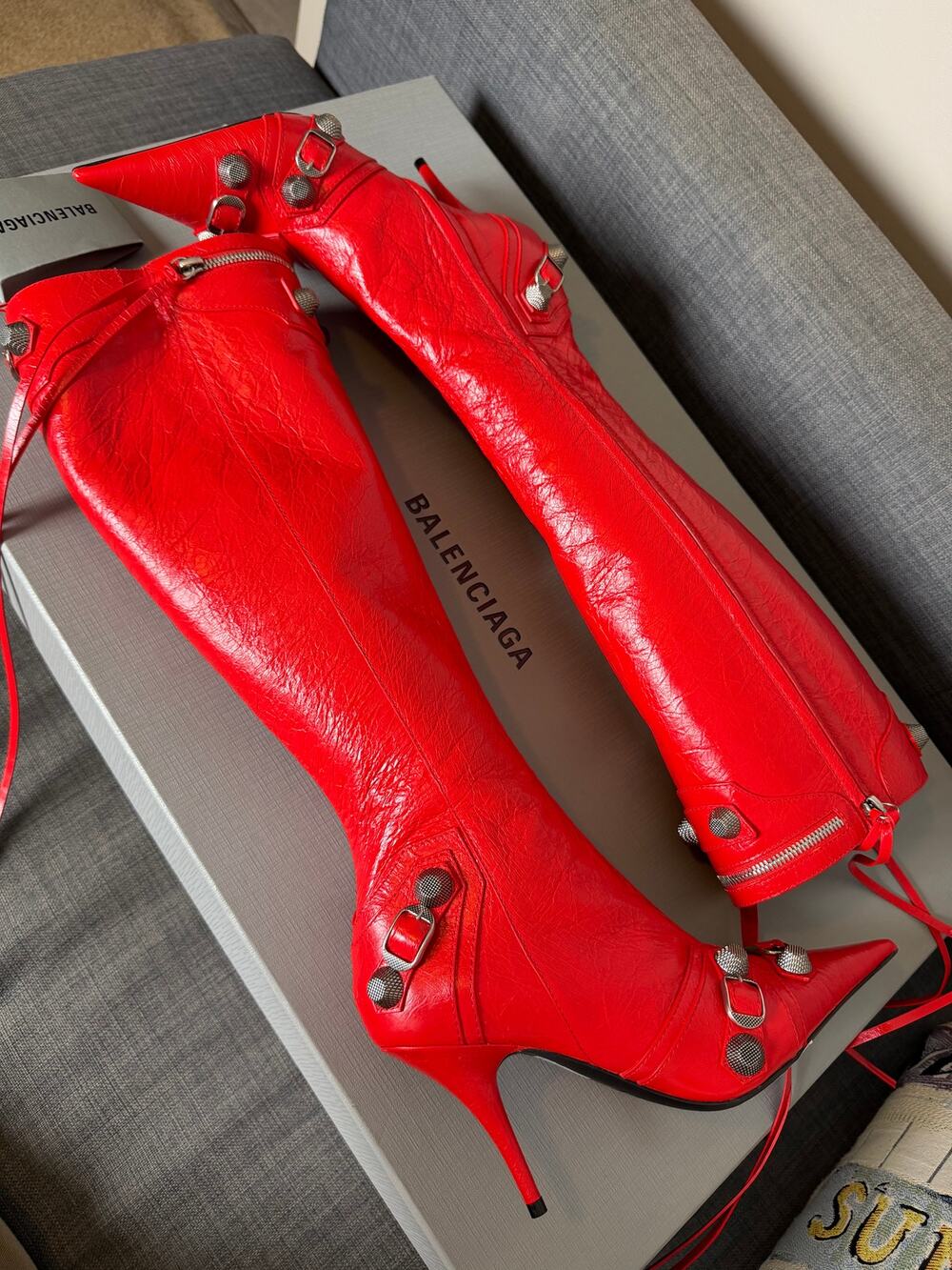 NWT $2450 Balenciaga Cagole Leather Designer Boot Size 37 Tomato Red Boots Shoes